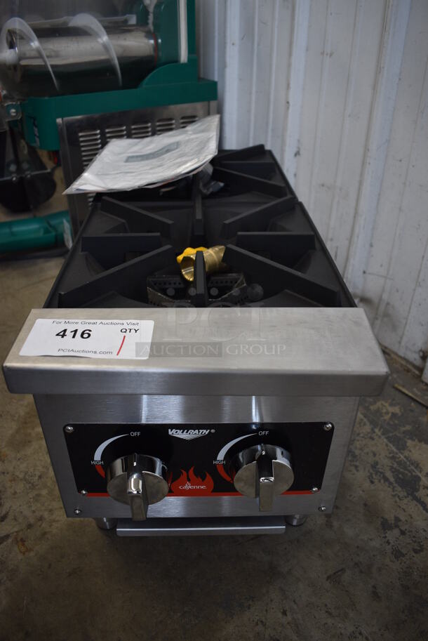 BRAND NEW SCRATCH AND DENT! Vollrath Model HPA1002 Stainless Steel Commercial Countertop Natural Gas Powered 2 Burner Range. Comes w/ LPG Conversion Kit Paperwork. 52,000 BTU. 12x28x14