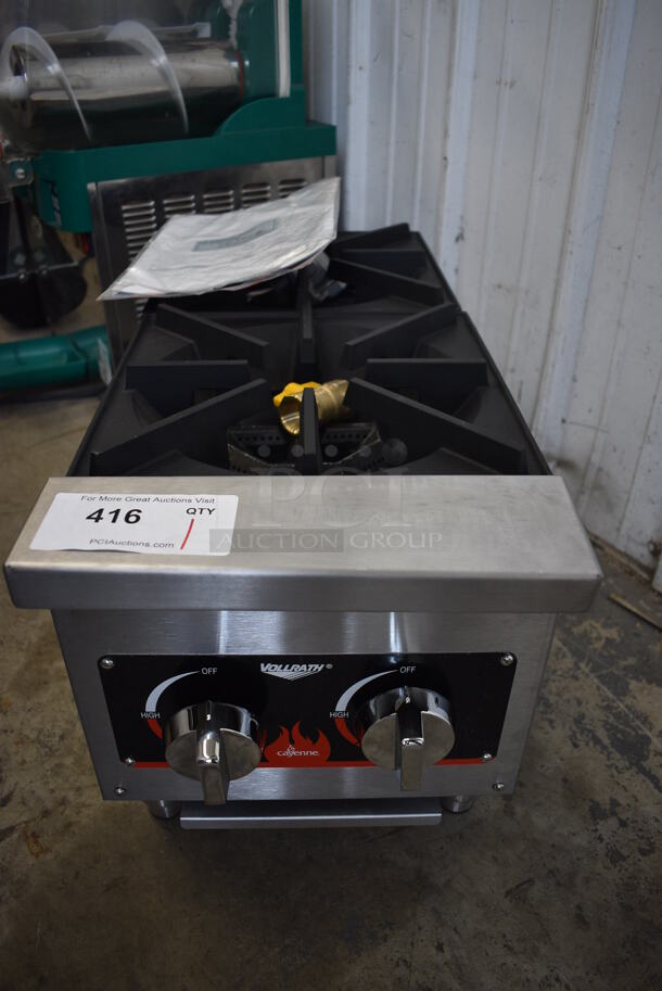 BRAND NEW SCRATCH AND DENT! Vollrath Model HPA1002 Stainless Steel Commercial Countertop Natural Gas Powered 2 Burner Range. Comes w/ LPG Conversion Kit Paperwork. 52,000 BTU. 12x28x14 - Image 1 of 7