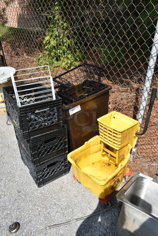 ALL ONE MONEY! Lot of Various Items Including Yellow Mop Bucket, Brown Slim Jim Trash Can, Baskets and Milk Crates
