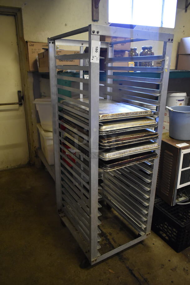 Metal Commercial Pan Transport Rack w/ 11 Metal Baking Pans on Commercial Casters. (hallway) - Image 2 of 3