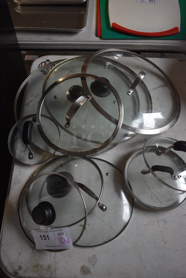 10 Various Round Glass Lids. Includes 7.5x7.5x2, 10x10x2. 10 Times Your Bid!
