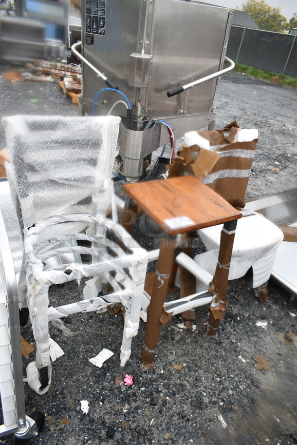 4 BRAND NEW SCRATCH AND DENT! Items Including Wooden Bar Stool, 2 Black Metal Dining Height Ladder Back Chairs, 164VYCHAIRVN Lancaster Table & Seating Vineyard Series Barrel Brown Outdoor Cross Back Chair. 4 Times Your Bid!  - Image 2 of 7