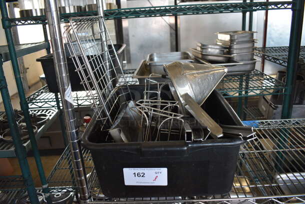 ALL ONE MONEY! Lot of Various Items Including Metal Basket and China Cap Strainer in Black Poly Bus Bin!