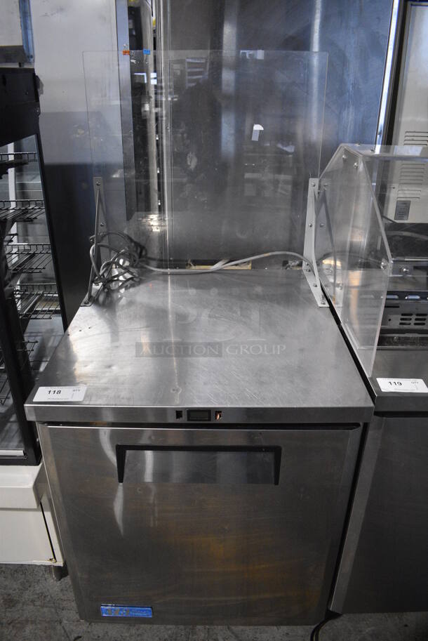 Turbo Air Model MUR-28 Stainless Steel Commercial Single Door Under Counter Cooler w/ Poly Clear Sneeze Guard. 115 Volts, 1 Phase. 27.5x30x63. Tested and Powers On But Does Not Get Cold