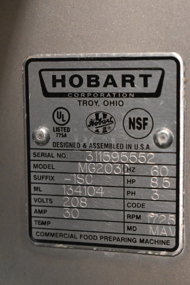 2019 Hobart MG2032 Metal Commercial Floor Style Electric Powered Meat Mixer Grinder w/ Foot Pedal on Commercial Casters. 208 Volts, 3 Phase. Tested and Working! - Image 8 of 8