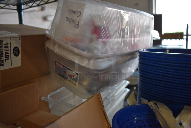 ALL ONE MONEY! Tier Lot of Various Items Including White Poly Coffee Urns, Blue Poly Food Baskets and Ceramic Dishes - Image 6 of 7