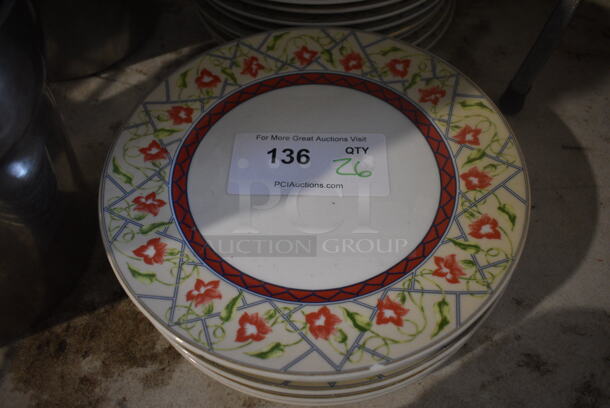 26 White Ceramic Plates w/ Floral Pattern. 10.5x10.5x1. 26 Times Your Bid!
