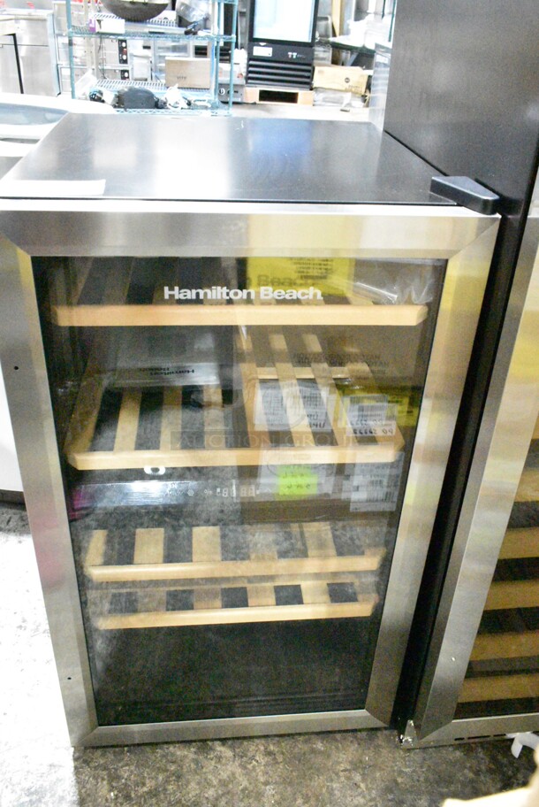 BRAND NEW SCRATCH AND DENT! Hamilton Beach HBWF4300-6COM Stainless Steel 43-Bottle Wine Cooler Fridge Cellar with Wooden Shelves, Digital Control, Mirror Finish. 115 Volts, 1 Phase. Tested and Working! - Image 2 of 9