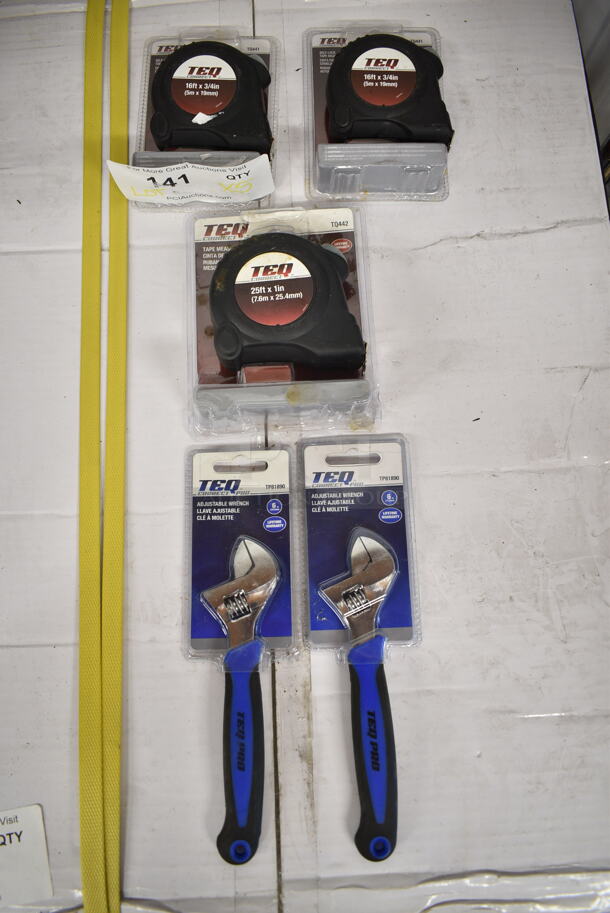 5 BRAND NEW! Items; 3 TEQ 25; Tape Measure and 2 TEQ Adjustable Wrench. 5 Times Your Bid! - Image 1 of 10