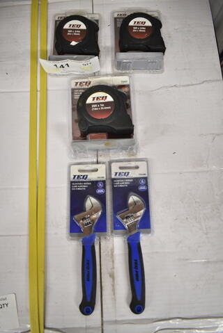 5 BRAND NEW! Items; 3 TEQ 25; Tape Measure and 2 TEQ Adjustable Wrench. 5 Times Your Bid!