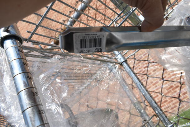 Chrome Finish 5 Tier Shelving Unit w/ Contents Including Blue Silverware Caddies, China Cap Strainers. BUYER MUST DISMANTLE. PCI CANNOT DISMANTLE FOR SHIPPING. PLEASE CONSIDER FREIGHT CHARGES.  - Image 4 of 12