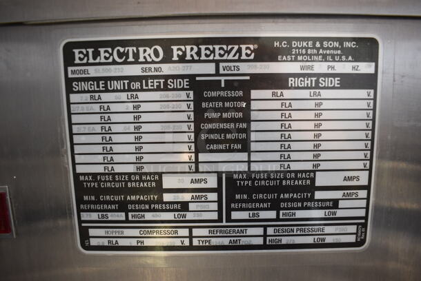 Electro Freeze Model SL500-232 Stainless Steel Commercial Floor Style Air Cooled 2 Flavor w/ Twist Soft Serve Ice Cream Machine on Commercial Casters. 208-230 Volts, 3 Phase. 22x34x60 - Image 7 of 7