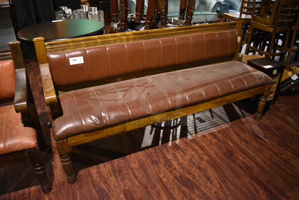 Wooden Bench w/ Brown Cushion. 77x22x37. (lounge) - Image 2 of 4