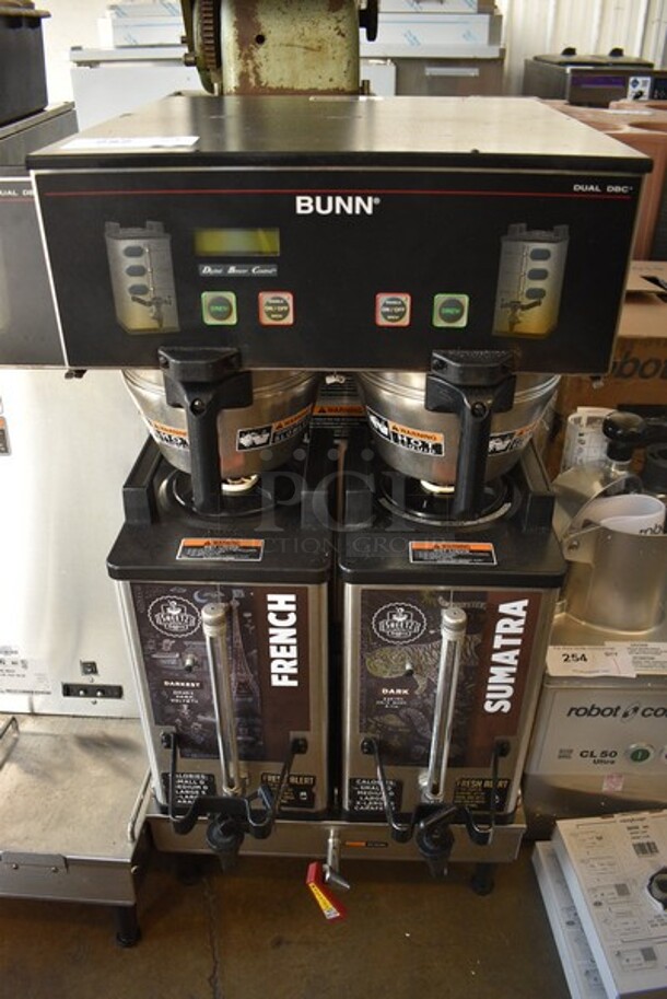 2014 Bunn Model DUAL SH DBC Stainless Steel Commercial Countertop Dual Coffee Machine w/ Hot Water Dispenser, 2 Stainless Steel Brew Baskets and 2 Bunn Model SH SERVER Satellite Servers. 120/208-240 Volts, 1 Phase. 18x24x36. Tested and Working!