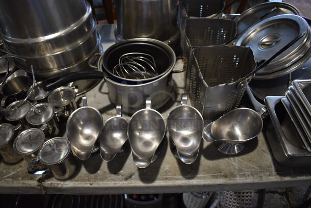ALL ONE MONEY! Tabletop Lot of Various Metal Items Including Drop In Bins, Cylindrical Bins, China Cap Strainer and Pitchers - Image 5 of 7
