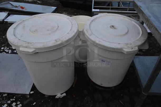 3 White Poly Trash Cans w/ 2 Lids. 3 Times Your Bid!