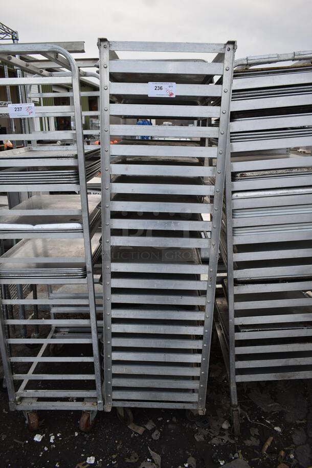Metal Commercial Pan Transport Rack w/ 10 Metal Baking Pans on Commercial Casters.  - Image 1 of 3