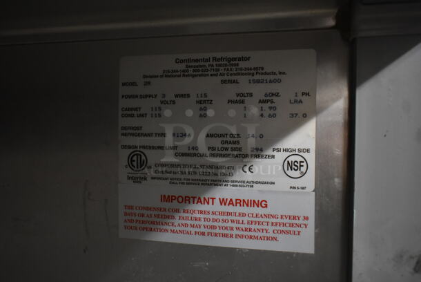 2018 Continental 2R Stainless Steel Commercial 2 Door Reach In Cooler. 115 Volts, 1 Phase. Tested and Working! - Image 6 of 6