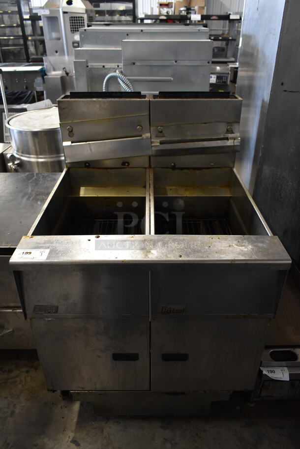 Pitco Frialator SG14 Stainless Steel Commercial Floor Style Natural Gas Powered Double Bay Deep Fat Fryer w/ Filtration System and Grease Trap. 110,000 BTU. 