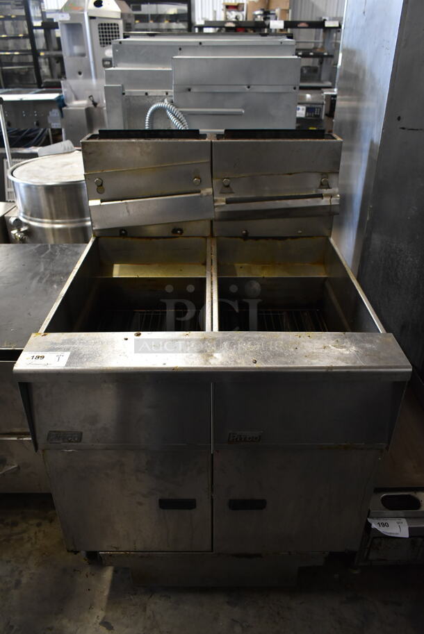 Pitco Frialator SG14 Stainless Steel Commercial Floor Style Natural Gas Powered Double Bay Deep Fat Fryer w/ Filtration System and Grease Trap. 110,000 BTU.  - Image 1 of 11