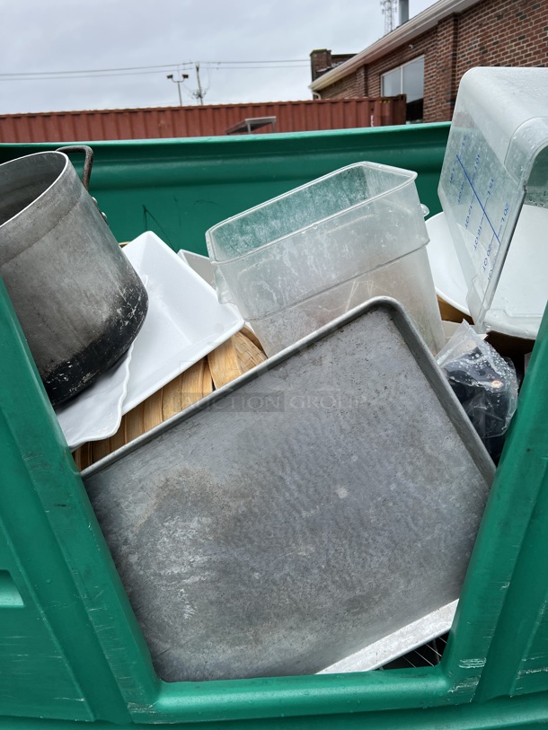 Green Poly Portable Bin on Commercial Casters w/ Contents Including Stock Pot and Poly Bins. 48x26x65 - Image 7 of 9