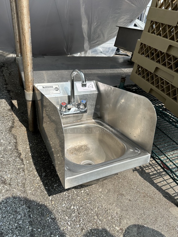Krowne HS-30L Stainless Steel Commercial Single Bay Wall Mount Sink w/ Side Splash Guards, Faucet and Handles.  - Image 2 of 7