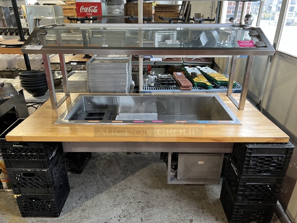Stainless Steel Commercial Refrigerated Buffet Station Drop In w/ Sneeze Guard and Tabletop Frame. 115 Volts, 1 Phase. 77x36x48. Tested and Working!