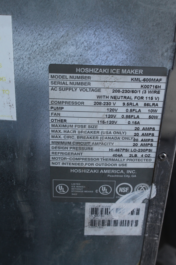 Hoshizaki KML-600MAF Stainless Steel Commercial Ice Head. 208-230 Volts, 1 Phase.  - Image 4 of 4