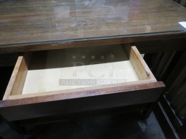 One Wooden Table With 1 Drawer And Under Shelf, With Glass Top, On Casters. 43X20.5X34.5 - Image 2 of 2