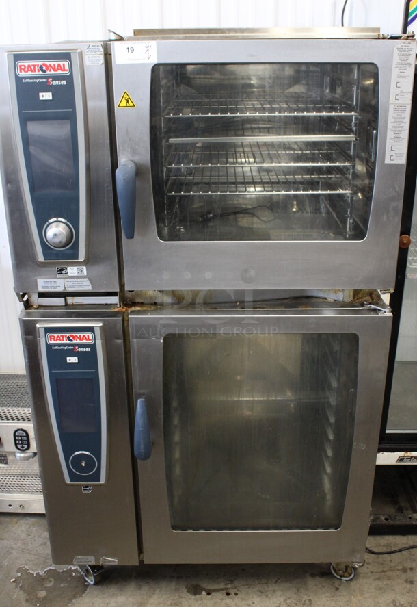 2 Rational Stainless Steel Commercial Combitherm Self Cooking Center Convection Ovens on Commercial Casters. Top Model: SCC WE 62. Bottom Model: SCC WE 102. 480 Volts, 3 Phase. 42x41x73. 2 Times Your Bid!