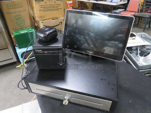 One Toast POS System Including, One Cash Drawer With Key, One 14 inch Monitor With Stand, One Toast Thermal Printer #TP200, And One CC Swiper. - Image 1 of 4