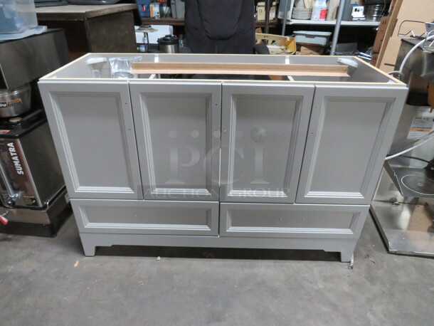 One NEW Wooden Bathroom Vanity In Dove Gray With 4 Doors, And 2 Drawers.  48X18.5X32.5