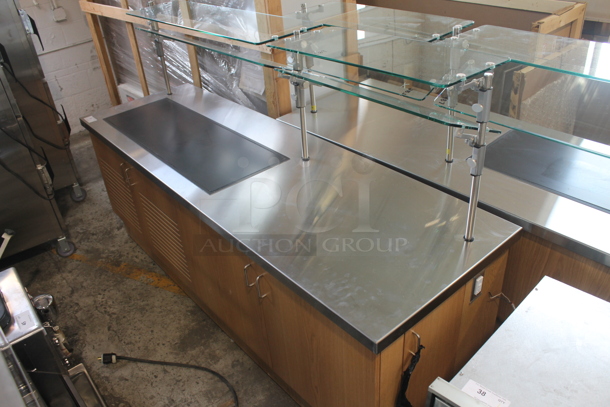 BRAND NEW! Hatco M7JP-0029-IAA-072 Commercial Electric Hot And Cold Serving Station With Sneeze Guard With 4 Glass Panes, Steel Countertop And 4 Door Wood Style Finish Cabinets. 115V, 1 Phase. Tested and Working!
 - Image 1 of 5