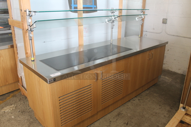 BRAND NEW! Hatco M7JP-0029-IAA-072 Commercial Electric Hot And Cold Serving Station With 2 Glass Overshelfs, Steel Counter and 4 Door Base Cabinet In Wood Style Finish. 115V, 1 Phase. Tested and Working! - Image 1 of 6