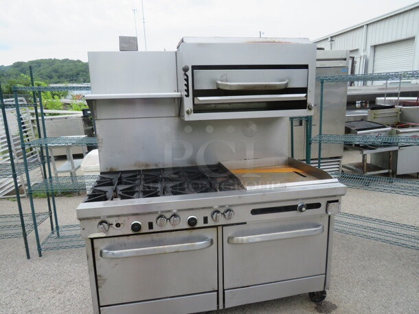 One Continental Natural Gas 6 Burner/24 Inch Griddle Range With SS Over Shelf, 2 Racks, And Salamander On Casters. 61X35X74 - Image 1 of 3