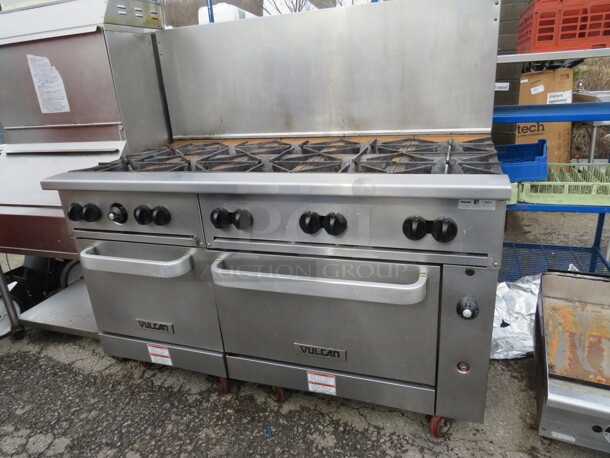 One SS Vulcan 10 Burner Natural Gas Range On Casters. Model# 60SS-10BN. 60X34.5X58. Working When Removed. - Image 2 of 2