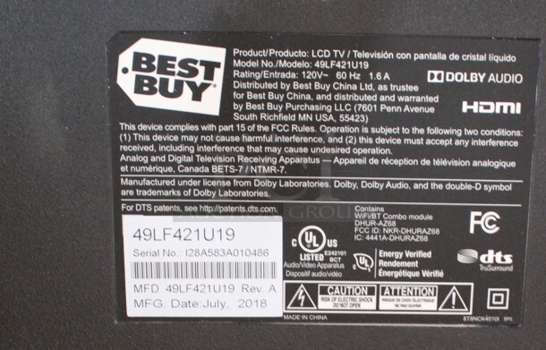 Toshiba Model 49LF421U19 49" Television. 120 Volts, 1 Phase. Buyer Must Pick Up - We Will Not Ship This Item. Tested and Powers On - See Pictures - Image 8 of 8