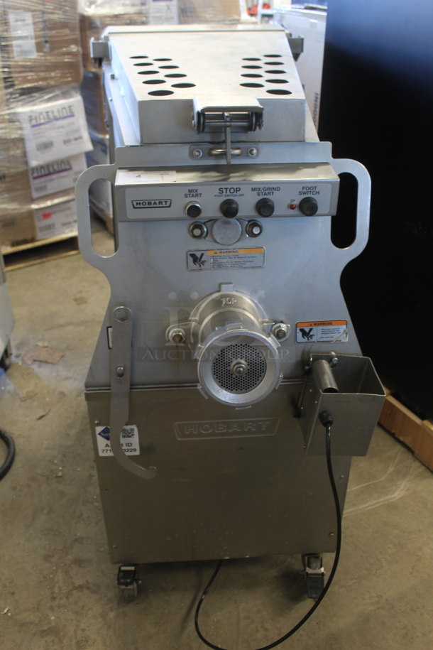 2016 Hobart MG2032 Metal Commercial Floor Style Electric Powered Meat Grinder w/ Foot Pedal on Commercial Casters. 208 Volts, 3 Phase.