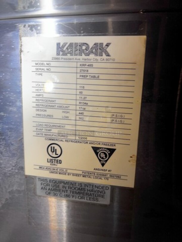 Kairak Refrigeration Prep Table, Single Door Storage, Turns on, Doesn't Chill, Was Told Needs Thermostat  - Image 2 of 3