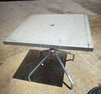 One Silver Metal Patio Table. 31.5X31.5X29.5