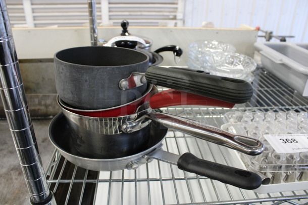 6 Various Metal Items; 5 Sauce Pots w/ 2 Lids and 1 Skillet. Includes 12x6x3. 6 Times Your Bid!