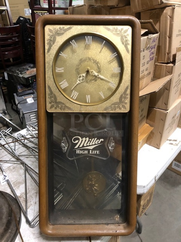 One VINTAGE Miller High Life Pendulum Clock!!! 12X5X25. WORKING