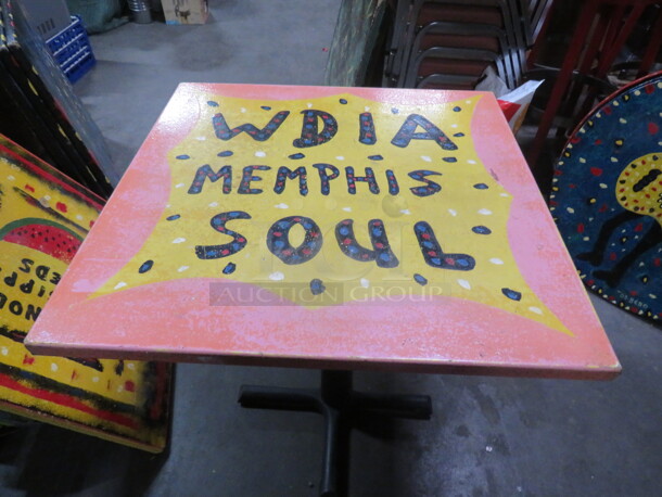 One 30X30X30 Painted  Table Top On A Pedestal Base. WDIA Memphis Soul!. - Image 1 of 2