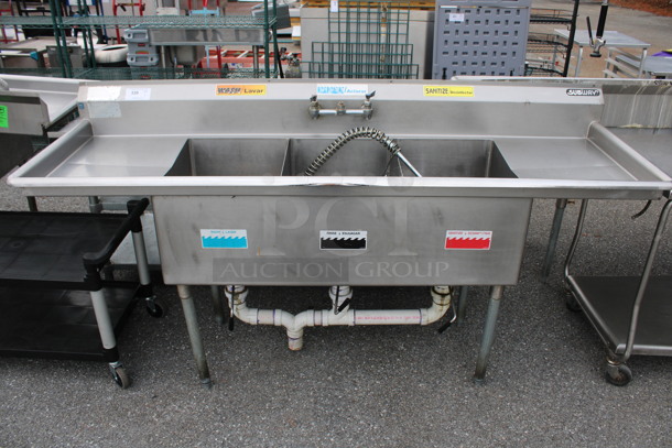 Duke Stainless Steel Commercial 3 Bay Sink w/ Dual Drainboards, Faucet, Handles and Spray Nozzle Attachment. 84x27x43. Bays 16x21x14. Drainboards 16x23x1