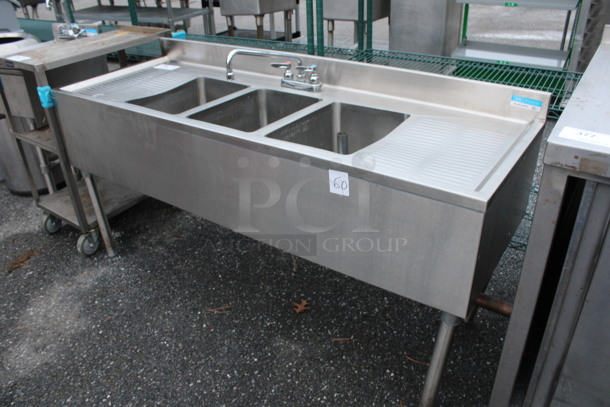 Stainless Steel Commercial 3 Bay Sink w/ Dual Drainboards, Faucet and Handles. 60x21.5x31. Bays 10x14x10. Drainboards 11x14x1 - Image 2 of 5