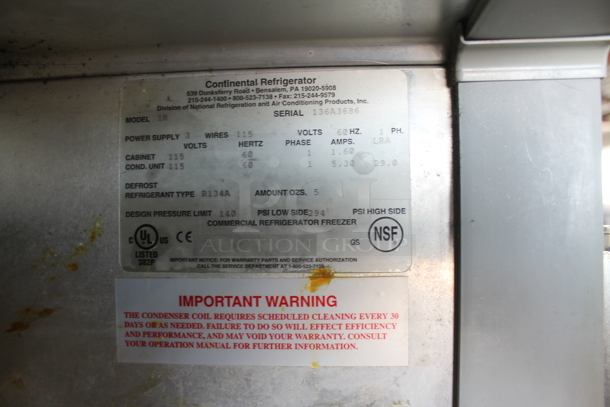Continental 1R Stainless Steel Commercial Single Door Reach In Cooler w/ Poly Coated Racks on Commercial Casters. 115 Volts, 1 Phase. Tested and Powers On But Does Not Get Cold - Image 6 of 6