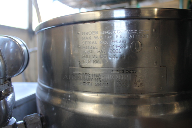Groen TDB/4-20 Stainless Steel Commercial Countertop 20 Quart Steam Tilting Kettle on Stand. 208 Volts, 3 Phase. - Image 8 of 9