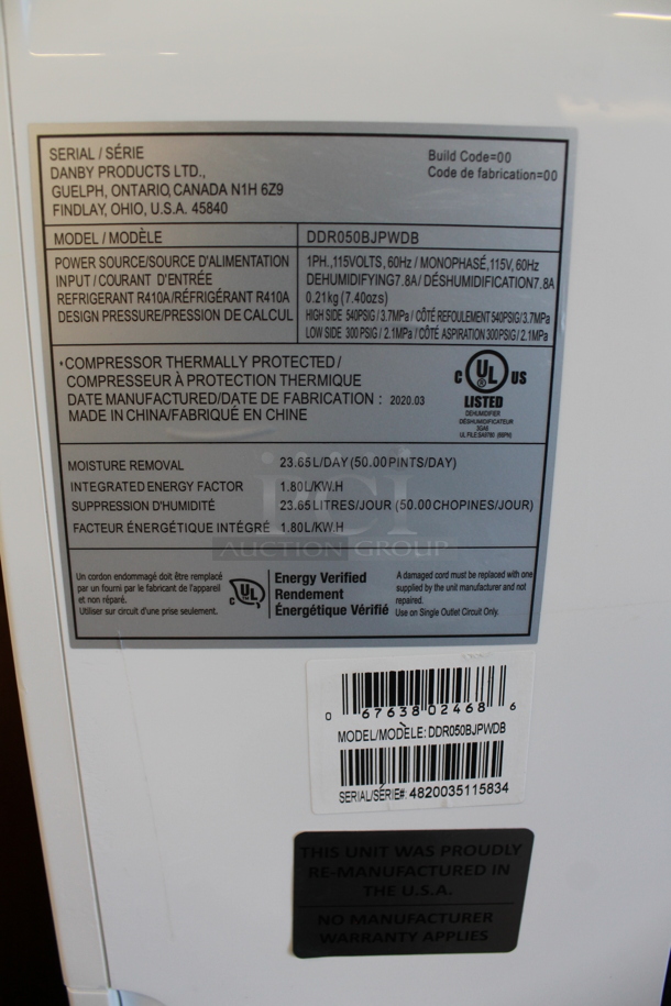BRAND NEW SCRATCH AND DENT! Danby DDR050BJPWDB 50 Pint DoE Dehumidifier with Pump. 115 Volts, 1 Phase. Tested and Working! - Image 3 of 4