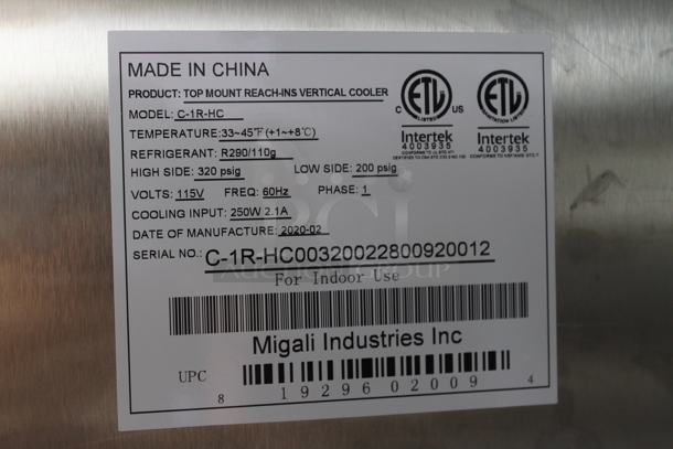 2020 Migali C-1R-HC ENERGY STAR Stainless Steel Commercial Single Door Reach In Cooler w/ Poly Coated Racks on Commercial Casters. 115 Volts, 1 Phase. Tested and Working! - Image 8 of 8