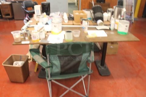 ALL ONE MONEY! Lot of Various Items Including 3 Tables w/ Contents; Liquid Rubber, Mr Coffee Coffee Machine and Chair. BUYER MUST REMOVE.